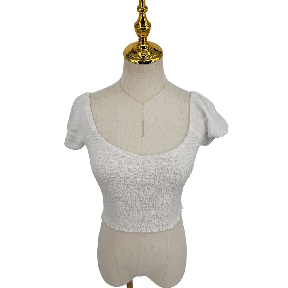 Smocked Crop Top Womens S White Swiss Dot Puff Fairycore Cottage Coquette Boho